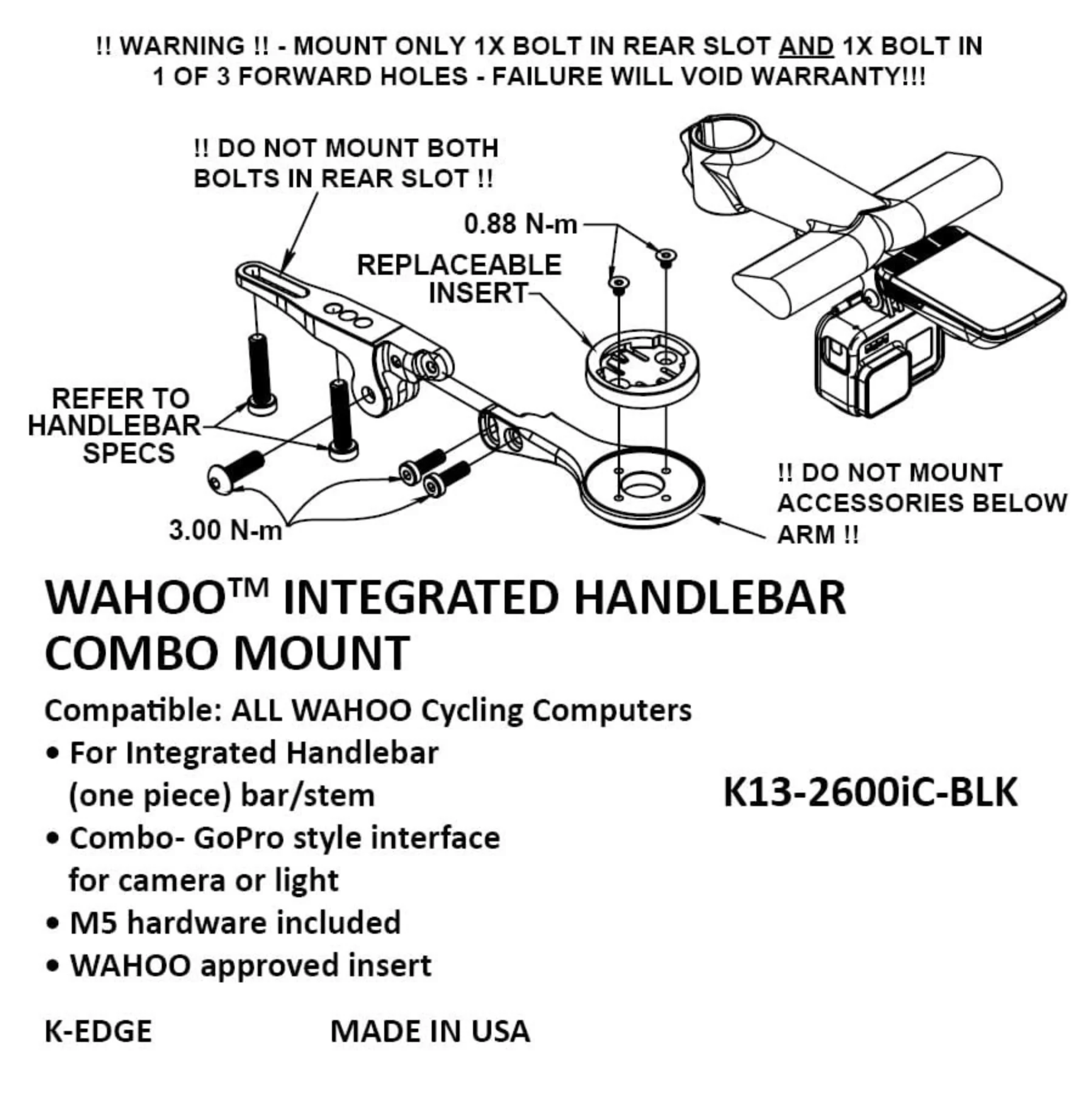 K-EDGE WAHOO INTEGRATED HANDLEBAR SYSTEM MOUNTS COMBO - BLACK - Image 3
