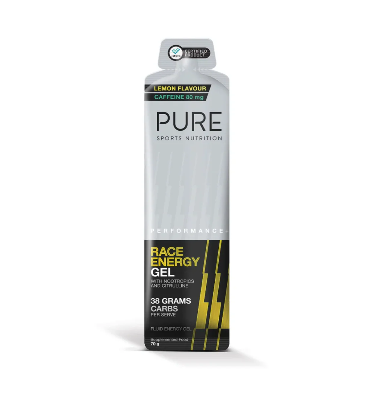 PURE PERFORMANCE + RACE ENERGY GEL - LEMON + CAFFEINE (70g)